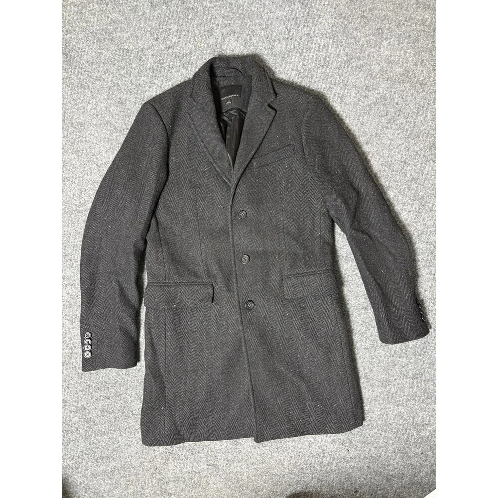 Banana Republic Coat Mens S Black Wool Herringbone Tweed Overcoat Lined